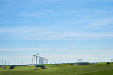 Landscape of windmills in spring with fields full of brown and green colors