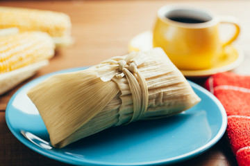 Typical food of Brazilian Festa Junina - June Festival. Pamonha and coffee