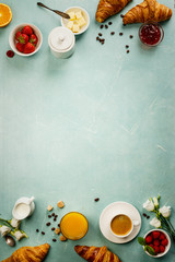 Continental breakfast captured from above, flat lay, top view - obrazy, fototapety, plakaty