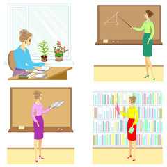 Collection. The work of the teacher at school. A woman at the blackboard, writing at the table, explains the lesson. Vector illustration set.