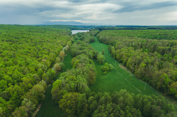 Fototapeta na wymiar Drone aerial image of nature (forest) with green trees with village and lake (pond) on background - springtime. Forest from above with small city and reservoir on background and clouds on sky.