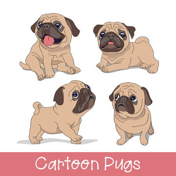 Set of the Funny cartoon pugs puppies. Vector illustration.