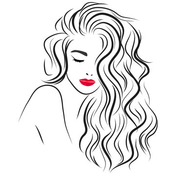 Beautiful girl with long curly hair and red lips. Vector illustration