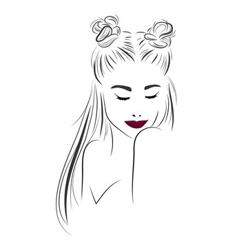 Vector sketch of a beautiful girl with long hair and top knot. Fashion illustration. Woman's hair style top knot