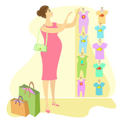 Profile of a beautiful lady. A pregnant woman, she buys clothes for her child. Choose in the store sliders and T-shirts. She is a good and happy future mother. Vector illustration