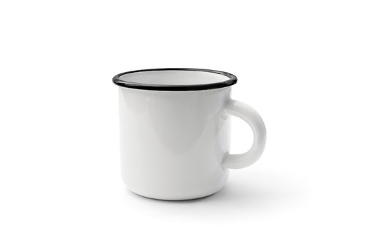 White Enamel Mug Isolated On White Background. For Your Mock-up And Branding