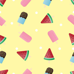 Seamless background dessert with pink strawberry, blue hawaii chocolate and watermelon ice cream.