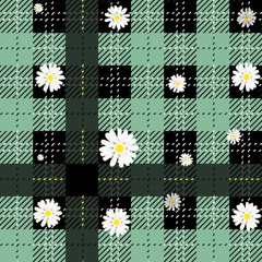 Black and green tartan plaid and daisy flowers pattern on checkered background for textile