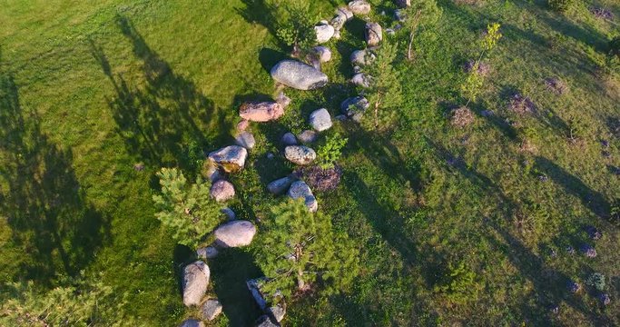 Aerial shot of Japanese garden with stone river line on the green meadow - 014
