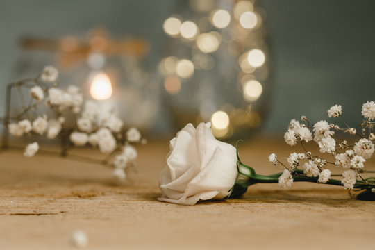 Weiße Blüte auf Holz mit Schleierkraut