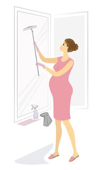 Profile of a cute pregnant lady. The girl washes the window. The woman is a good wife and neat housewife. Vector illustration
