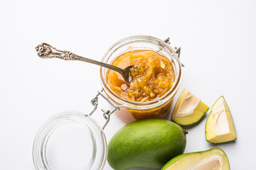 Mango Chunda or Sakhar Amba is a traditional indian summer recipe made using accha aam preserved in sugar syrup for days. selective focus