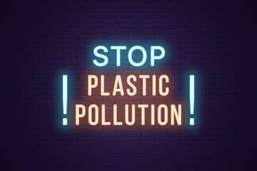 Neon banner, headline Stop Plastic Pollution, text