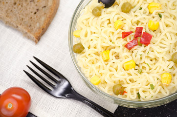 glass plate of noodles