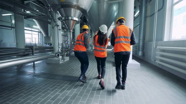 Engineers walking in a brewery facility, back view.