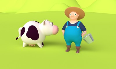 Farmer holding a bucket of milk. 3d rendering
