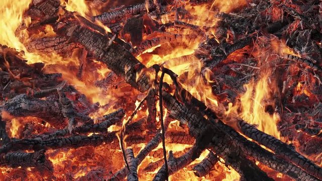 Very strong and big bonfire at the Valborg, Valpurgis Night celebration, Umea city, Sweden
