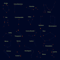 Set of 22 constellations. Yellow stars on a blue background, with names in Latin, made in the vector