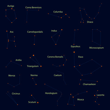 Set of 22 constellations. Yellow stars on a blue background, with names in Latin, made in the vector