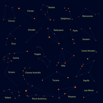 Set of 22 constellations. Yellow stars on a blue background, with names in Latin, made in the vector