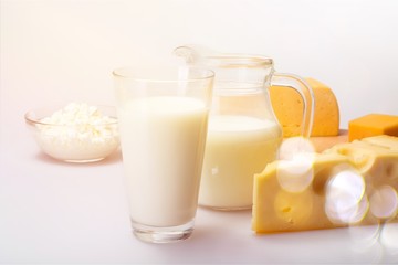 Dairy Products- Cheeses and Milk on the Grey Background