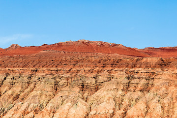 Flaming mountains, Turpan, Xinjiang, China: the top of these famous mountains that also appear in...
