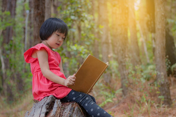 Asian girl is sitting reading a book on a timber in the forest.
