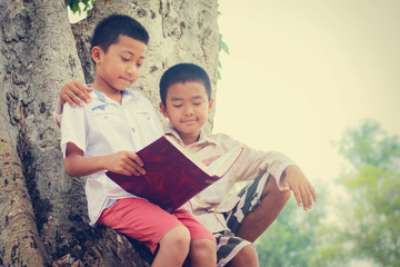 Two Asian children stylish boys relaxing under a tree and reading books