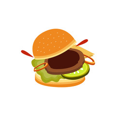 Hamburger cooking. Set of ingredients for burger . Sliced veggies, bun, and  sauce. Vector illustration cartoon flat icon collection isolated on white. 