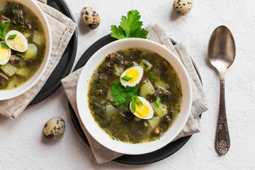 Green Sorrel soup - a soup made from broth, sorrel leaves, spinach,  eggs (hard boiled), potatoes, carrots, parsley root. Polish, Ukrainian, Belarusian, Russian, Jewish dish.