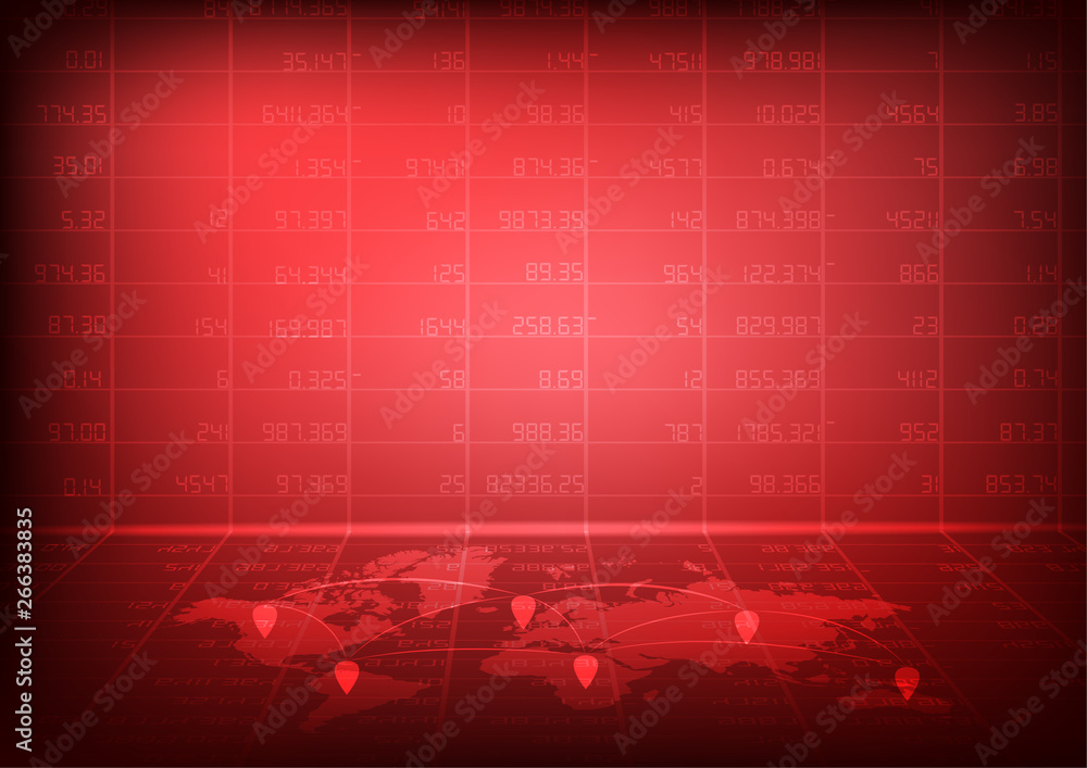 Poster vector : red stock board with network world map