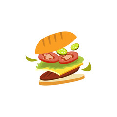 Hamburger cooking. Set of ingredients for burger . Sliced veggies, bun, and  sauce. Vector illustration cartoon flat icon collection isolated on white. 