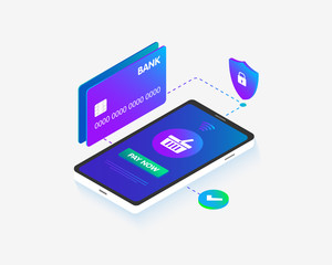 Concept of mobile checkout payments, shopping with smartphone, personal data protection. Phone and Bank card Isometric 3D concept image flat design. 