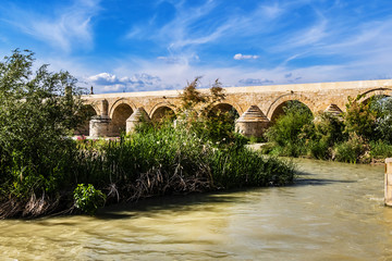 Fototapeta na wymiar View of Roman bridge of Cordoba (1st century BC) across Guadalquivir River. Present structure of bridge dates from Moorish reconstruction in VIII century. Historic centre of Cordoba, Andalusia, Spain