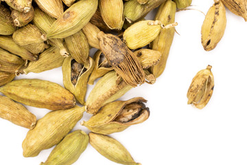Closeup of lot of whole true cardamom pod flatlay isolated on white background