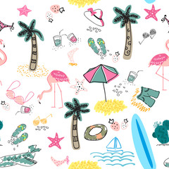 Colorful seamless summer pattern with hand drawn beach elements.
