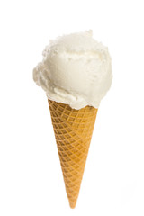 single lemon ice cream scoop in cone isolated on white background