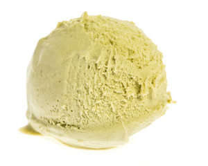 single pistachio ice cream scoop isolated on white background