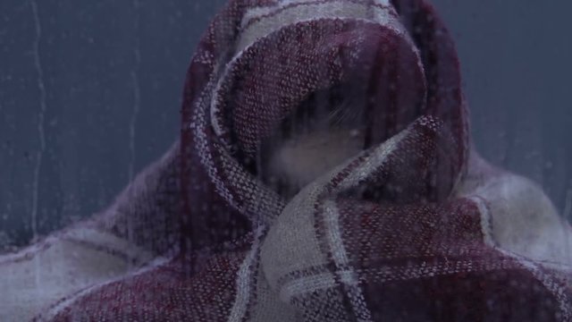 Cute little girl covered with plaid frightened by thunderstorm and lightning
