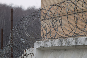 concrete wall with barbed wire in front of a blurred building and leafless trees.