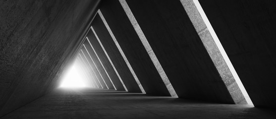 Empty Long Light Corridor. Modern concrete background. Futuristic Sci-Fi Triangle Tunnel. 3D Rendering