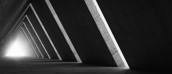 Fototapeta premium Empty Long Light Corridor. Modern concrete background. Futuristic Sci-Fi Triangle Tunnel. 3D Rendering