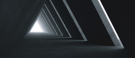 Obraz premium Empty Long Light Corridor. Modern concrete background. Futuristic Sci-Fi Triangle Tunnel. 3D Rendering
