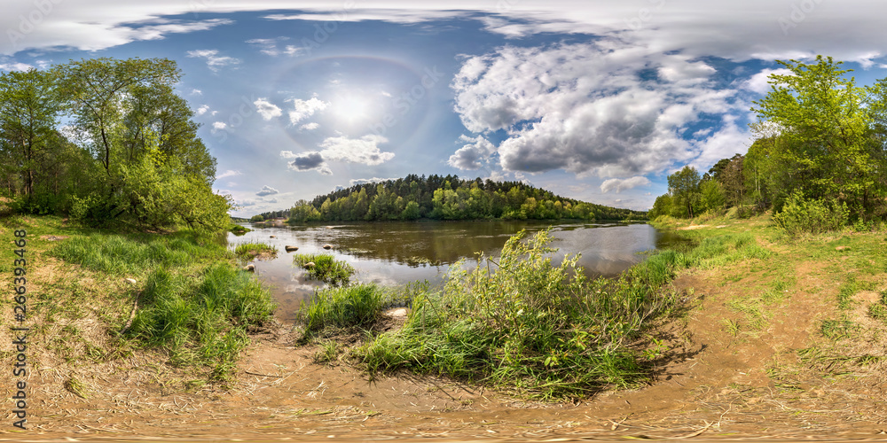 Wall mural full seamless spherical panorama 360 degrees angle view on the shore of wide river neman with halo a