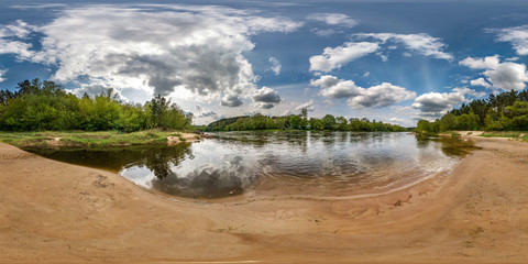 full seamless spherical panorama 360 degrees angle view on the shore of wide river neman with...