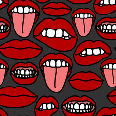 Obraz premium Vector seamless pattern of mouths and lips on dark grey background