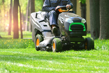 Professional lawn mower with worker cut the grass in a garden - obrazy, fototapety, plakaty