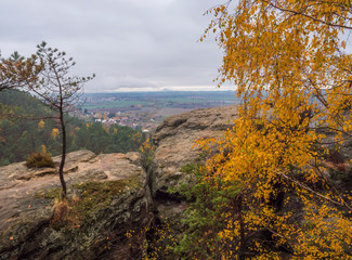 Fototapeta premium view from sandstone pillars view-point at nature reserve Cesky Raj with autumn colored deciduous and coniferous tree forest and green hills, moody blue sky