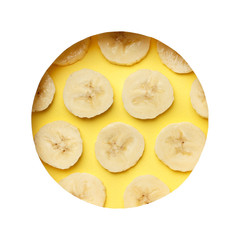 Creative summer pattern made of bananas slice on pastel yellow background. with frame . Fruit minimal concept. Flat lay.