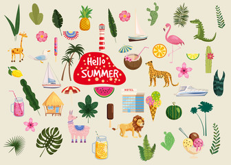 Set of cute trendy hello summer icons food, drinks, cactus, flowers, palm leaves